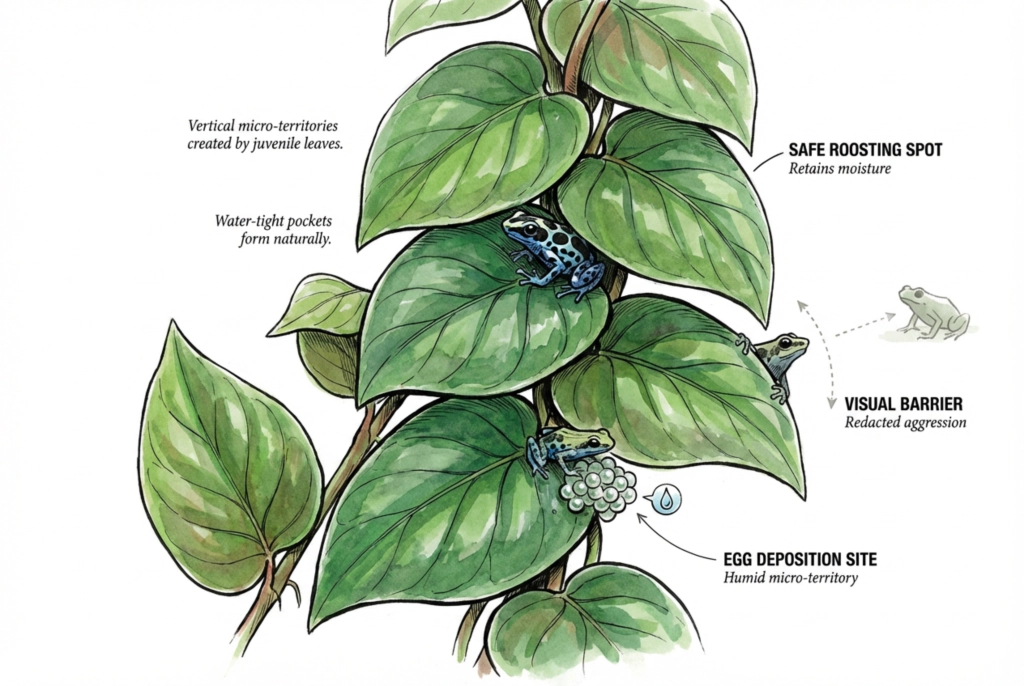 Conceptual illustration of dense foliage in a frog enclosure; leaf shapes are stylized and not a botanically accurate Marcgravia.