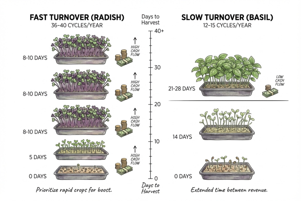 Illustration comparing how many crop cycles a fast microgreen fits per year versus a slower one