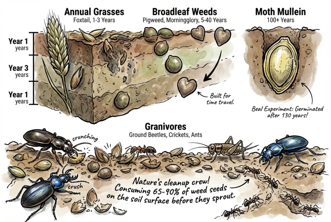Illustration comparing weed seed longevity in soil, from short-lived grasses to century-scale hard-coated seeds. Values are conditional and depend on species and conditions; not measured here.