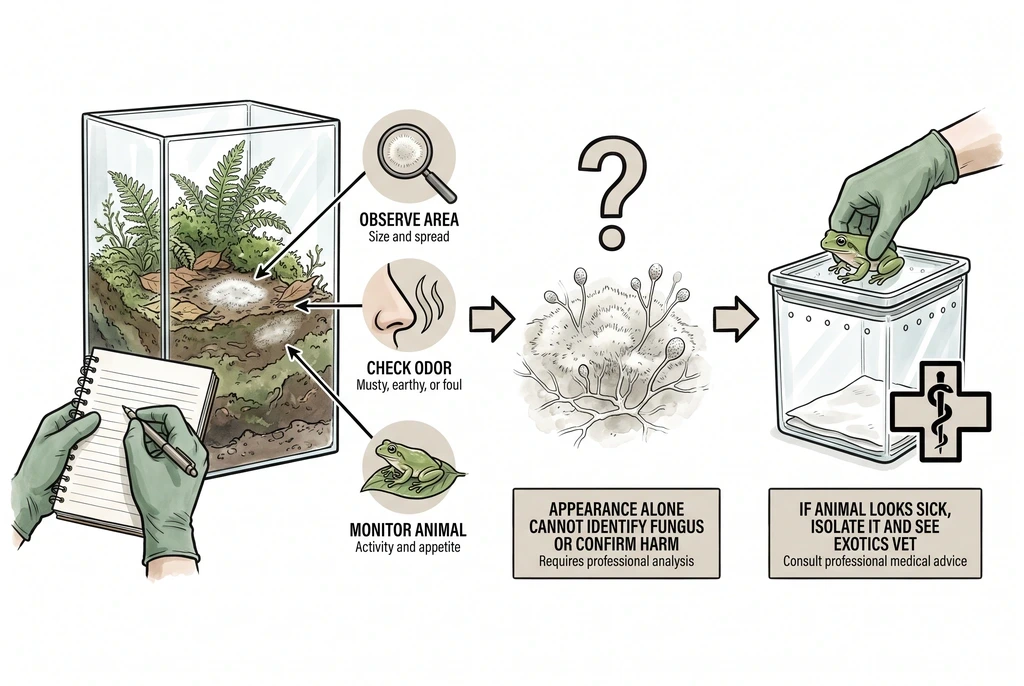 Conceptual illustration comparing light white surface fuzz on vivarium substrate with a thicker, coloured fungal patch.