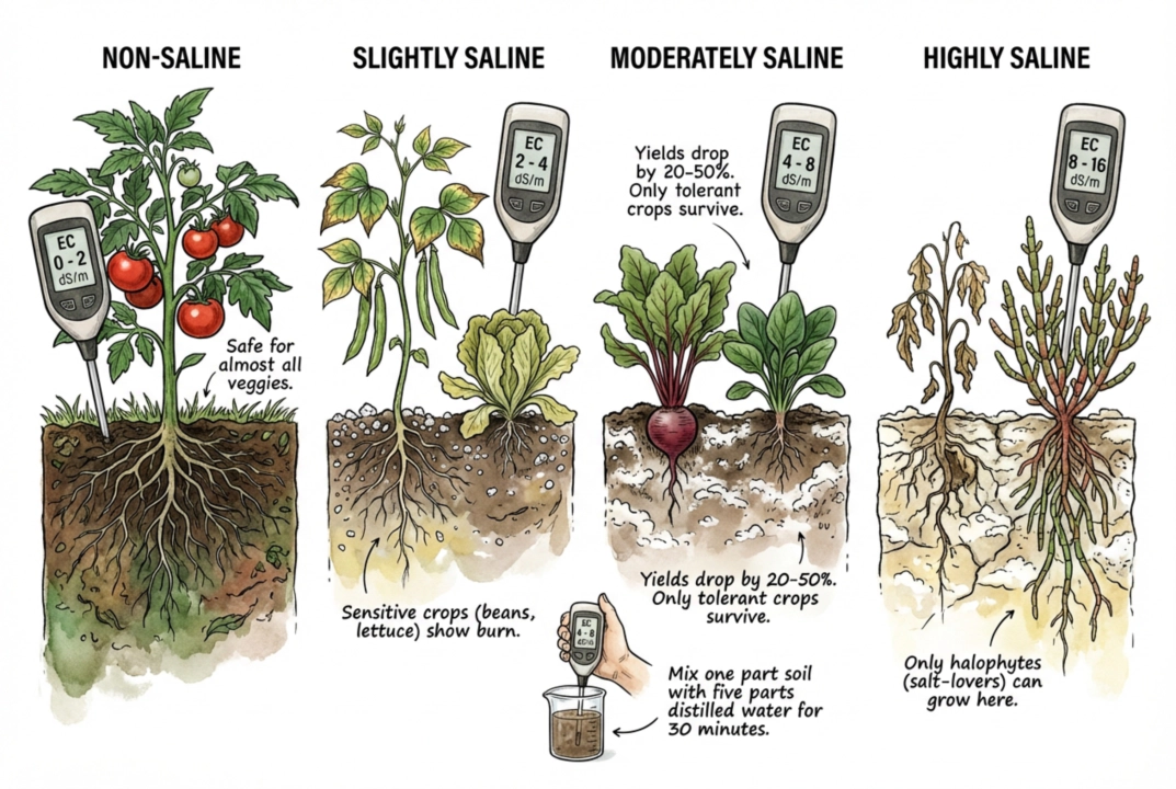 Illustration of soil salinity EC classes and a simple 1-part-soil to 5-parts-water sampling method