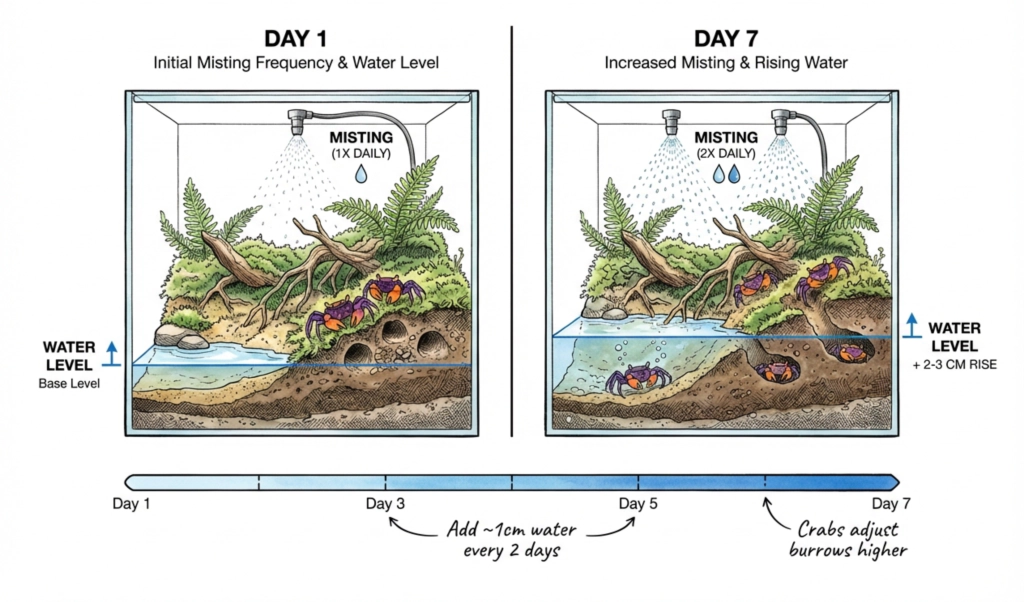 Illustrative diagram comparing a paludarium on Day 1 and Day 7 as the water level is raised during the onset phase.