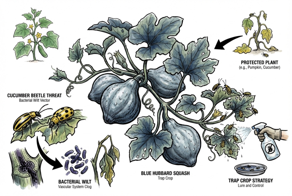 Illustration of striped and spotted cucumber beetles on a cucurbit plant alongside a wilting vine, showing the beetles as a vector of bacterial wilt.