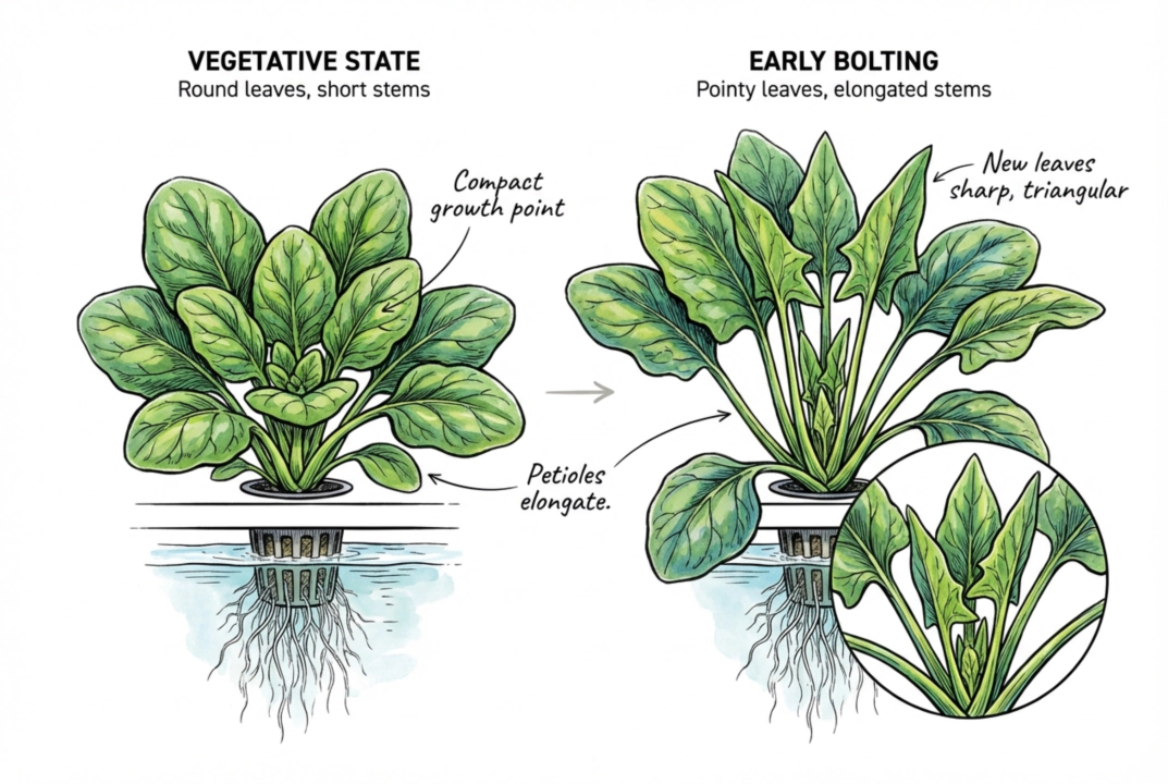 Illustration comparing a low, leafy spinach rosette with a plant whose center has elongated into a rising stem.