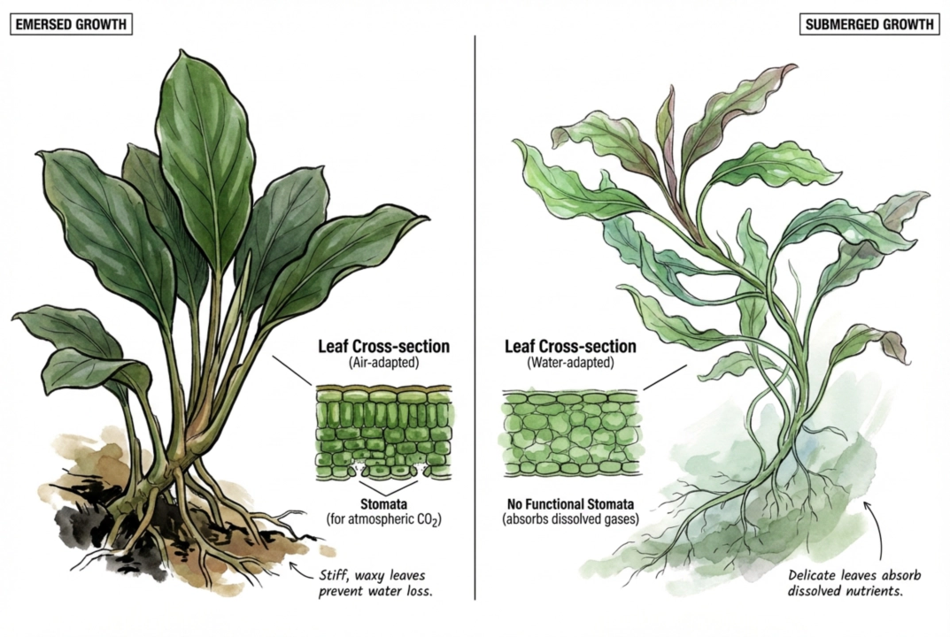 Illustration comparing an air-grown (emersed) leaf with a thicker cuticle to an underwater (submerged) leaf