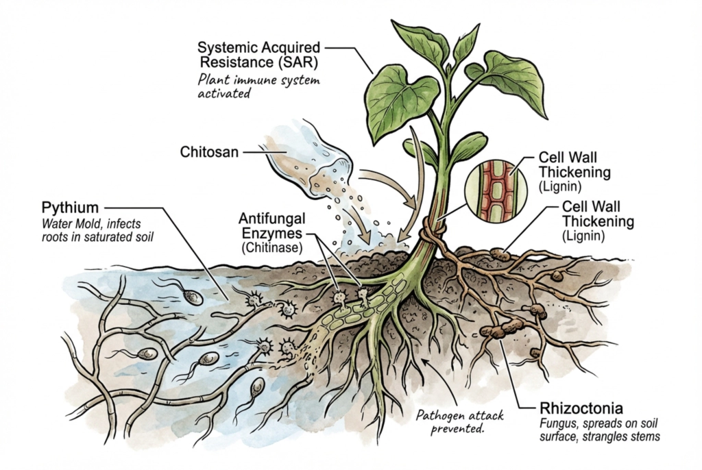 Illustration of how a chitosan treatment is proposed to prime seedling defenses; a diagram, not a photograph of pathogens