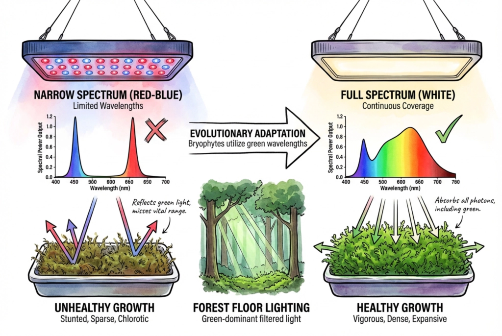 Diagram comparing a red-blue blurple LED spectrum with a broad white LED spectrum for moss lighting