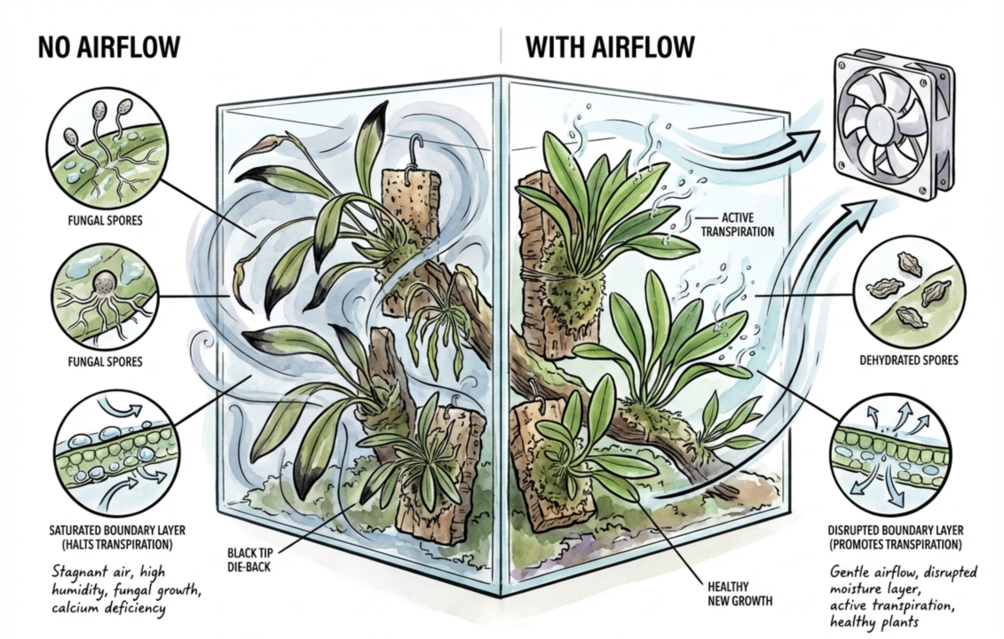Illustration contrasting still, saturated air around a leaf with gentle airflow that reduces surface wetness.