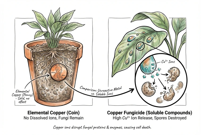 Illustration contrasting a copper penny in soil with a formulated copper fungicide, showing that the coin has no standardized delivery while the fungicide is designed to release copper ions.