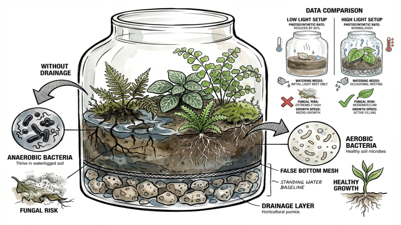 Schematic illustration (not a photograph or measurement) of terrarium substrate layers with a pumice base and a charcoal layer