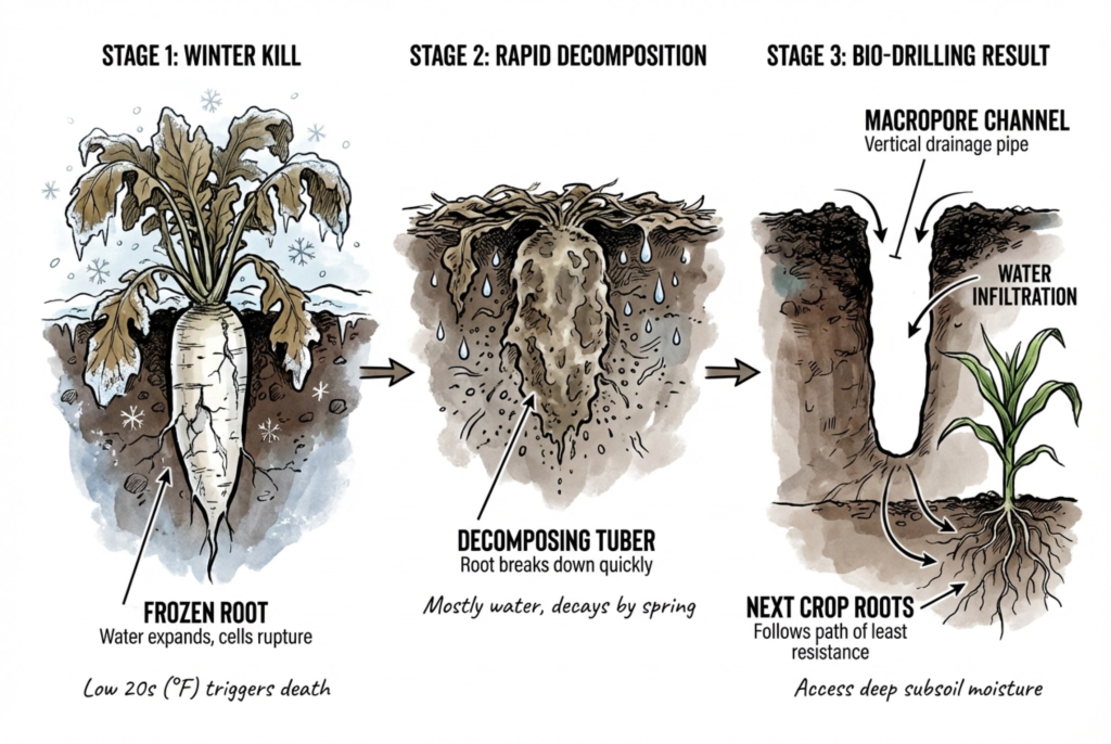 Illustration showing a winter-killed radish root decomposing and leaving a vertical macropore that a following crop root grows into.