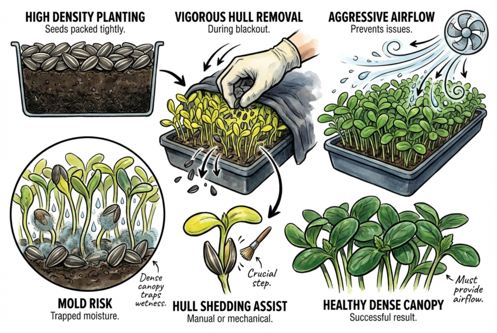 Illustration of a dense sunflower microgreen canopy where moisture can linger