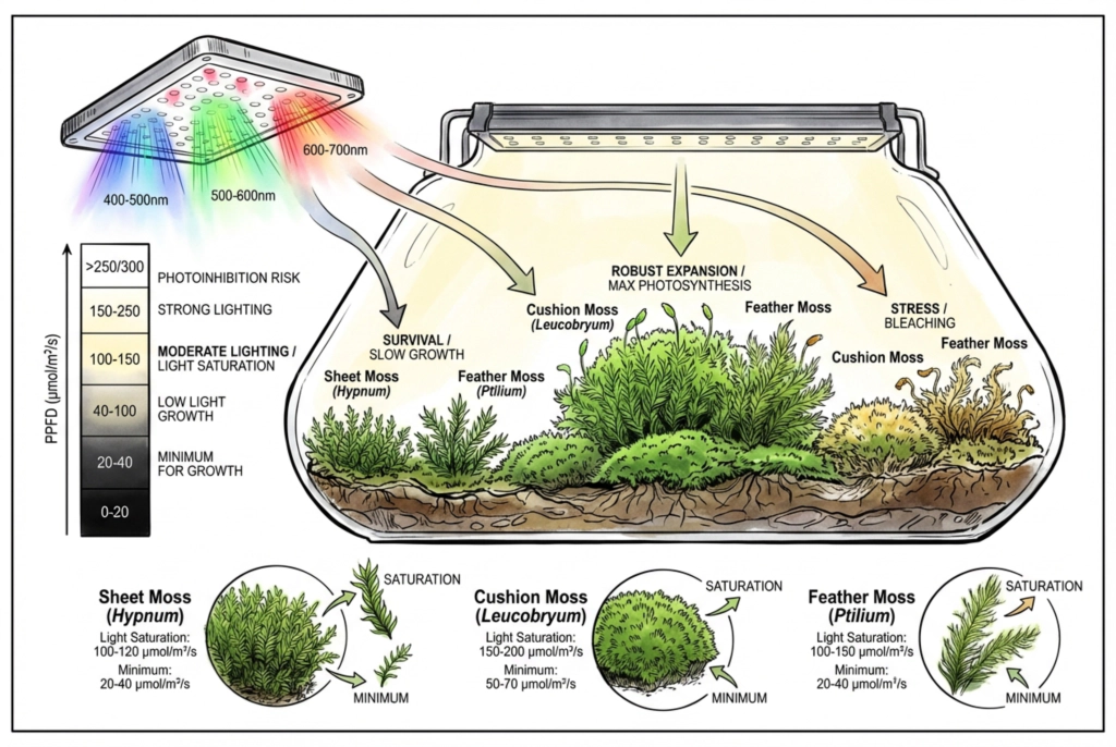 Illustration of moss growing under low-intensity light in a terrarium