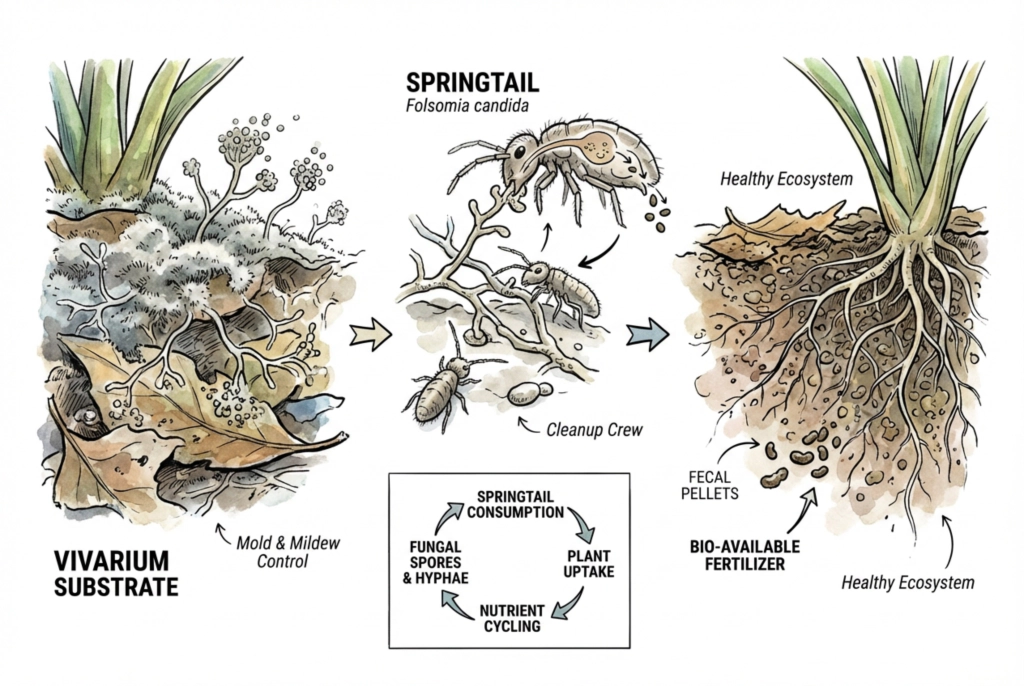 Conceptual illustration of springtails grazing on fungal growth on a vivarium substrate surface.