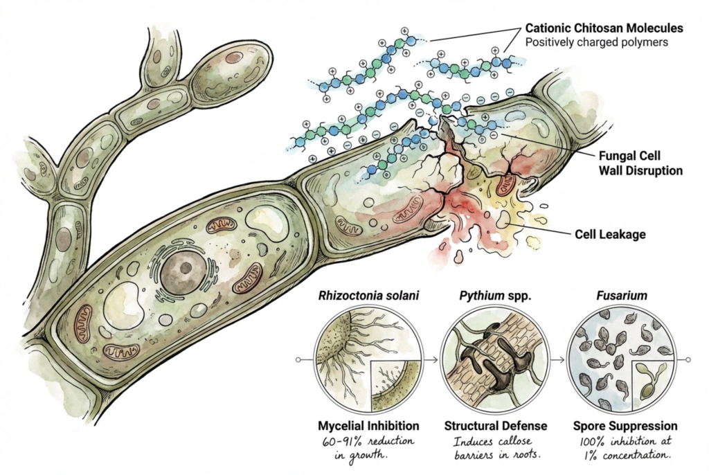 Stylized illustration of positively charged chitosan interacting with a microbial cell; a concept diagram, not measured data