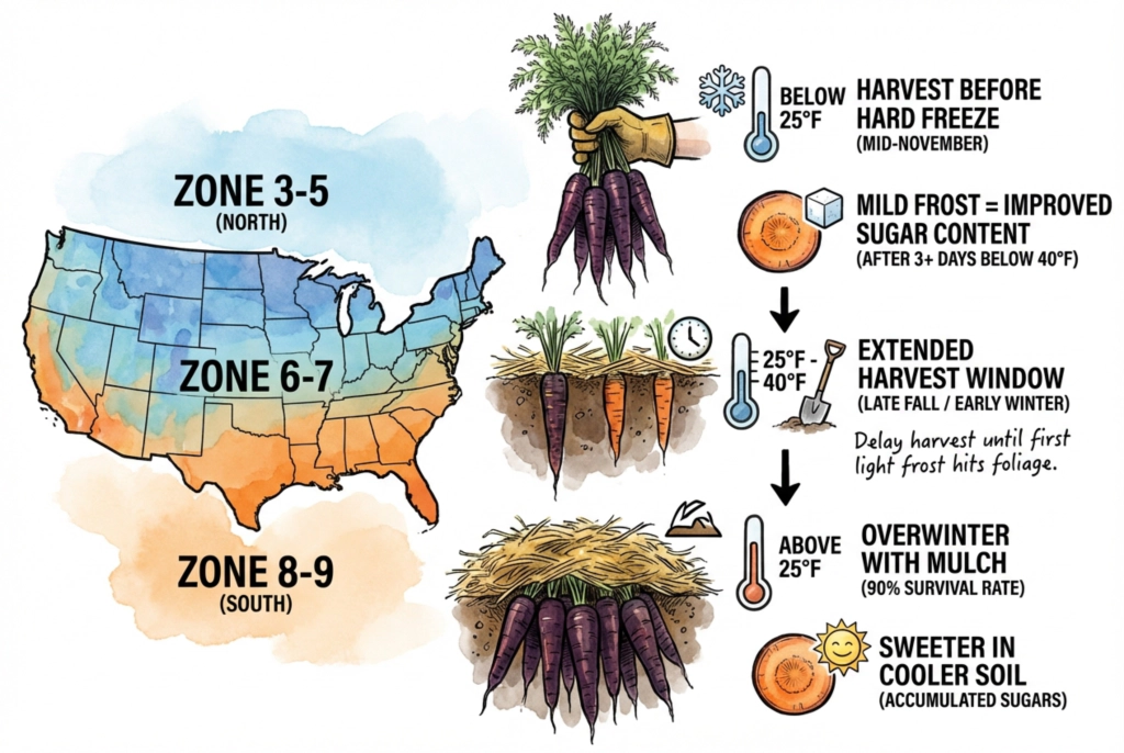 Stylized map of the United States divided into broad northern, middle, and southern bands to suggest how carrot harvest timing shifts with climate.