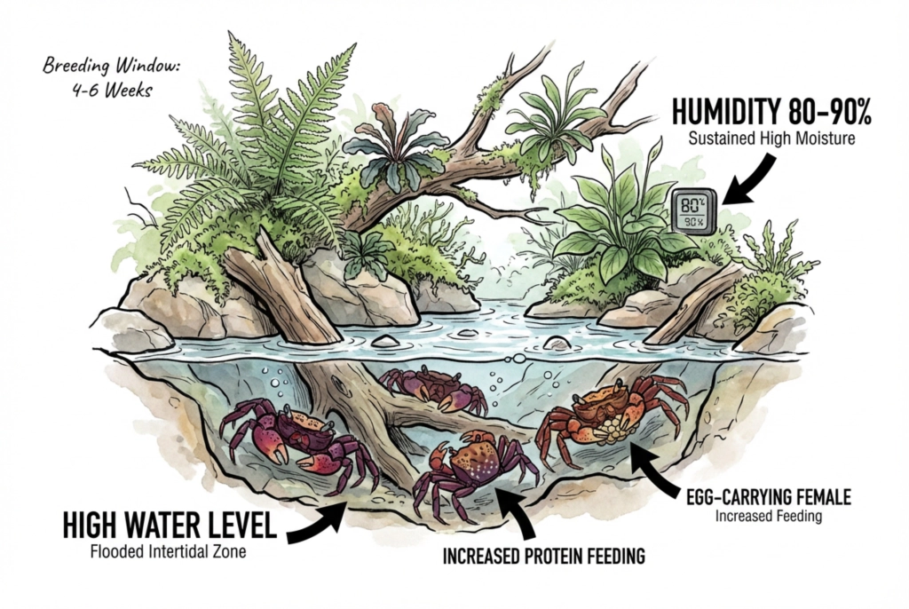 Illustrative diagram of a paludarium at its high-water level with plants and hardscape partly submerged.