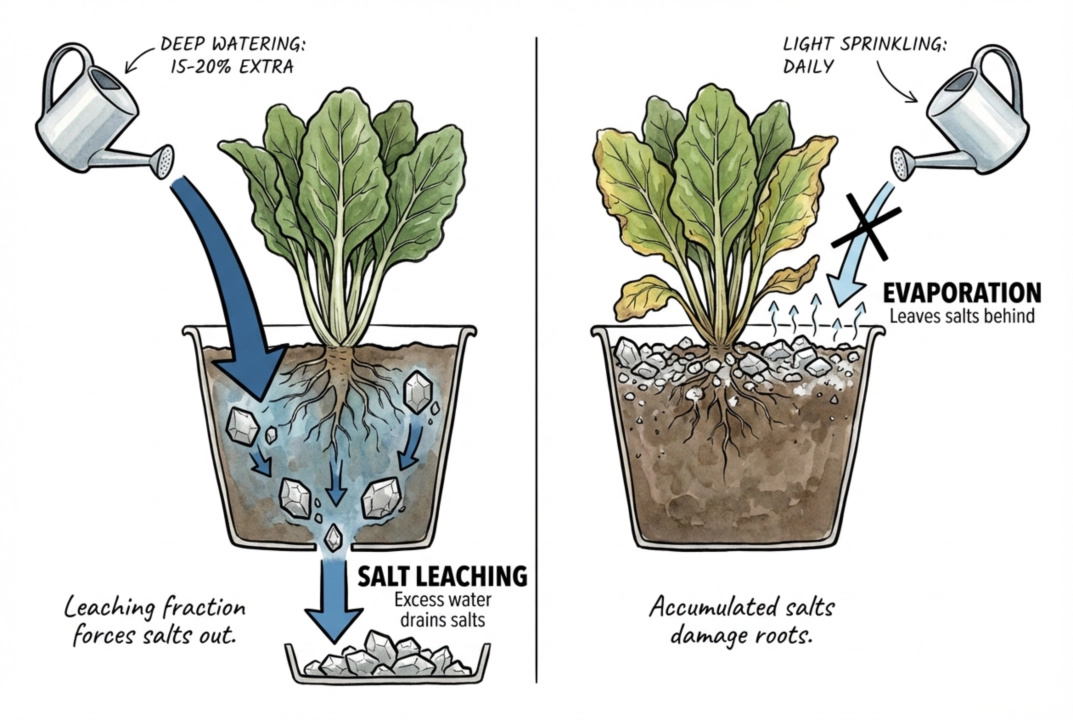 Illustration of water moving dissolved salts downward and out of the plant root zone in a draining container