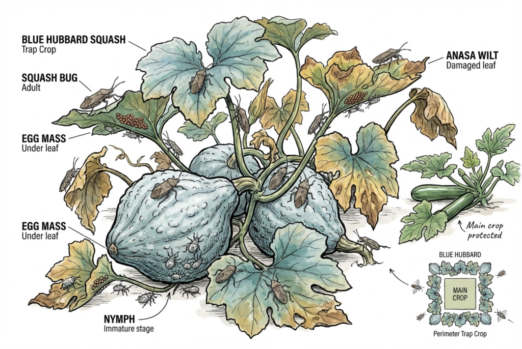 Illustration of a squash bug adult, a coppery egg mass, and a nymph on a squash leaf, with a small map showing a perimeter trap crop layout.