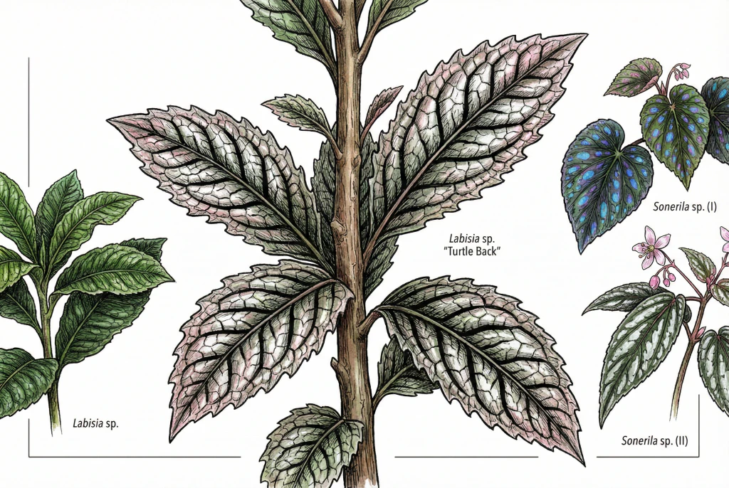 Illustration of a Labisia Turtle Back leaf with deep tessellated veins and a rigid, glossy shell-like texture.