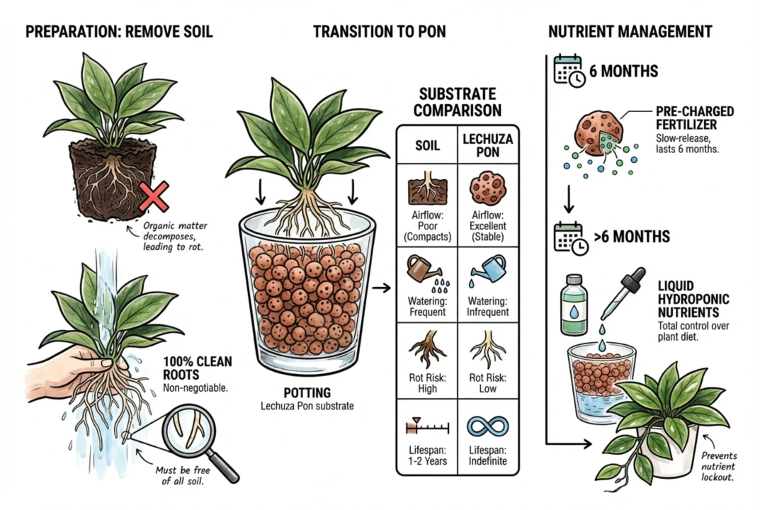 Comparación ilustrada de la estructura de la tierra y del sustrato mineral Lechuza Pon