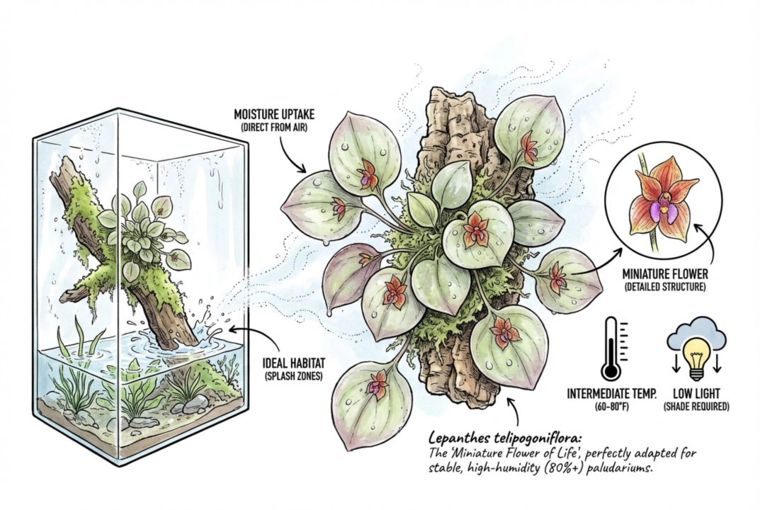 Illustration of a small Lepanthes telipogoniflora plant with an oversized flower relative to its tiny leaves.