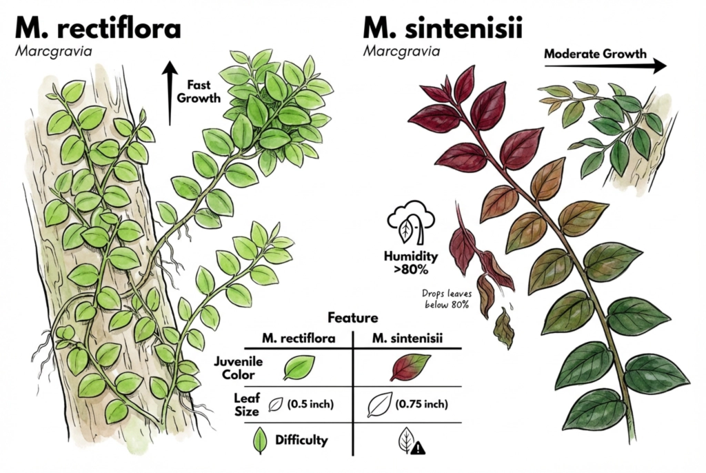 Stylized side-by-side comparison of three Marcgravia species; leaf forms are illustrative and not to scale.