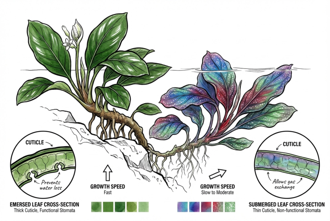 Illustration of a Bucephalandra rhizome with plainer leaves above water and more colorful leaves below