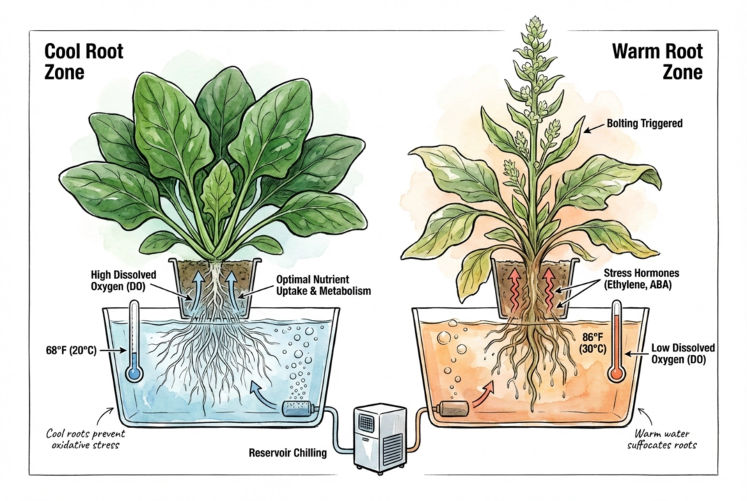 Illustration contrasting cool nutrient solution holding more dissolved oxygen with warm solution holding less.