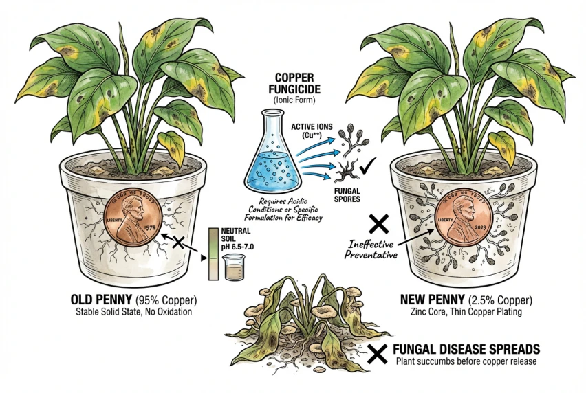 Illustration comparing a 1978 copper penny and a 2023 zinc-core penny, noting that neither provides a standardized, tested dose of copper for treating plant disease.