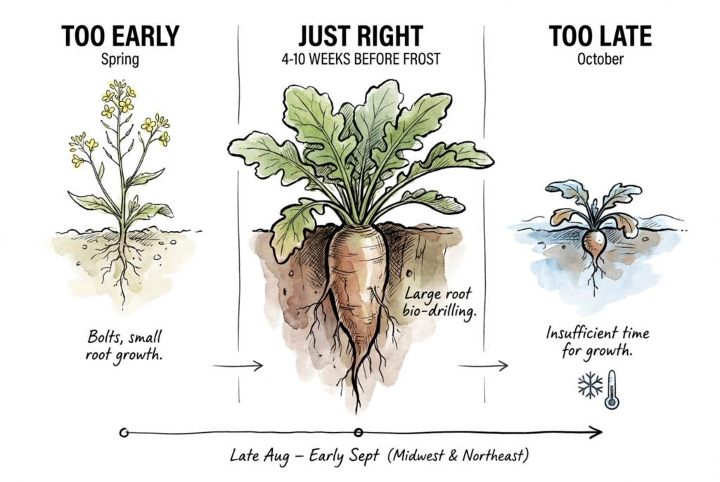 Illustration comparing spring-planted radish that bolts to flower with fall-planted radish that grows a large root, on a Midwest/Northeast timeline.