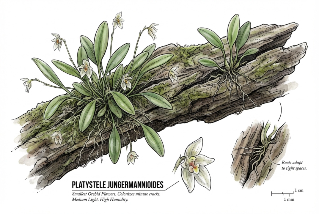 Illustration of a tiny Platystele orchid growing on driftwood, shown larger than life for visibility.