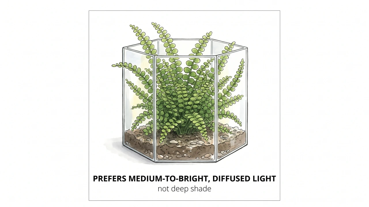 Illustration of a small Lemon Button fern (Nephrolepis cordifolia &lsquo;Duffii&rsquo;) in a terrarium