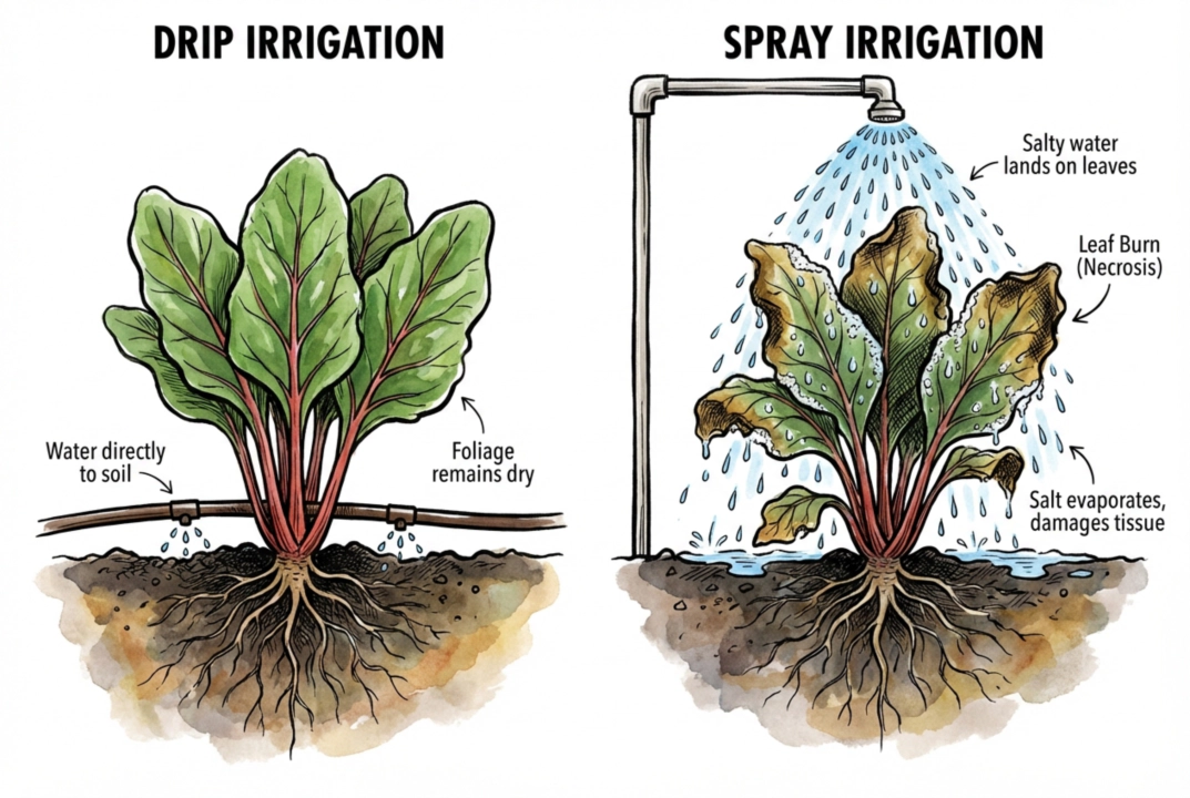 Illustration contrasting drip irrigation at the soil with overhead spray wetting the leaves