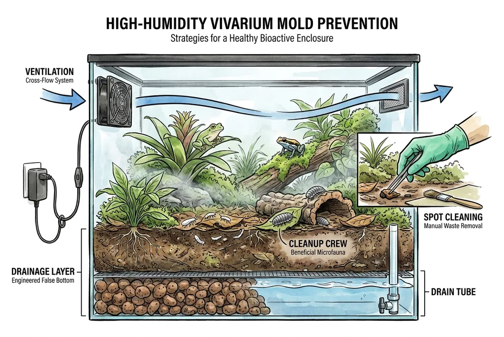Conceptual illustration of a vivarium with a vent fan, cleanup crew, drainage layer, and spot cleaning.