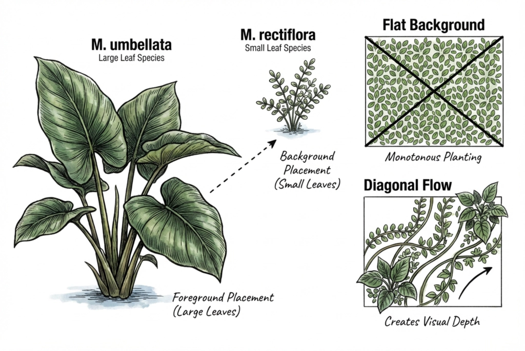 Conceptual layout sketch showing larger plants low and front, smaller plants high and back.