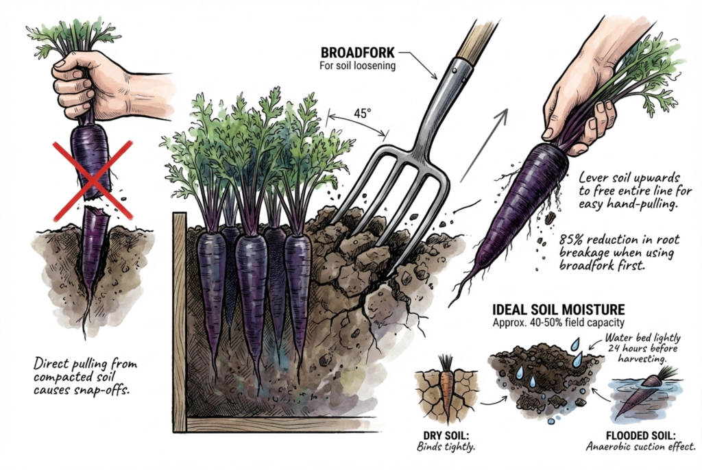 Gardener using a fork to loosen the soil alongside a row of carrots before lifting them by hand.