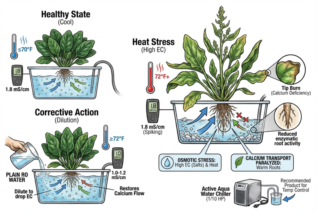 Illustration of a nutrient meter and reservoir, showing that EC can drift as water is lost to evaporation and transpiration.