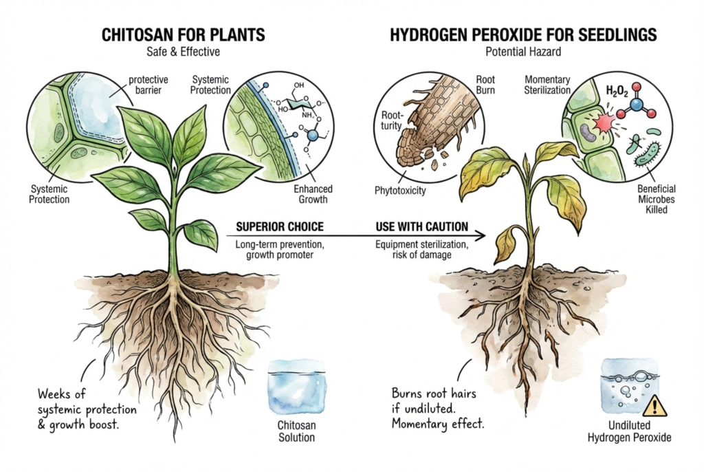 Stylized comparison illustration contrasting a treated and a damaged seedling; a concept graphic, not a controlled side-by-side trial