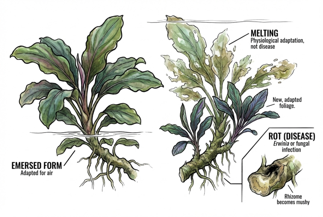 Illustration contrasting old leaves melting during transition with a mushy, rotting rhizome
