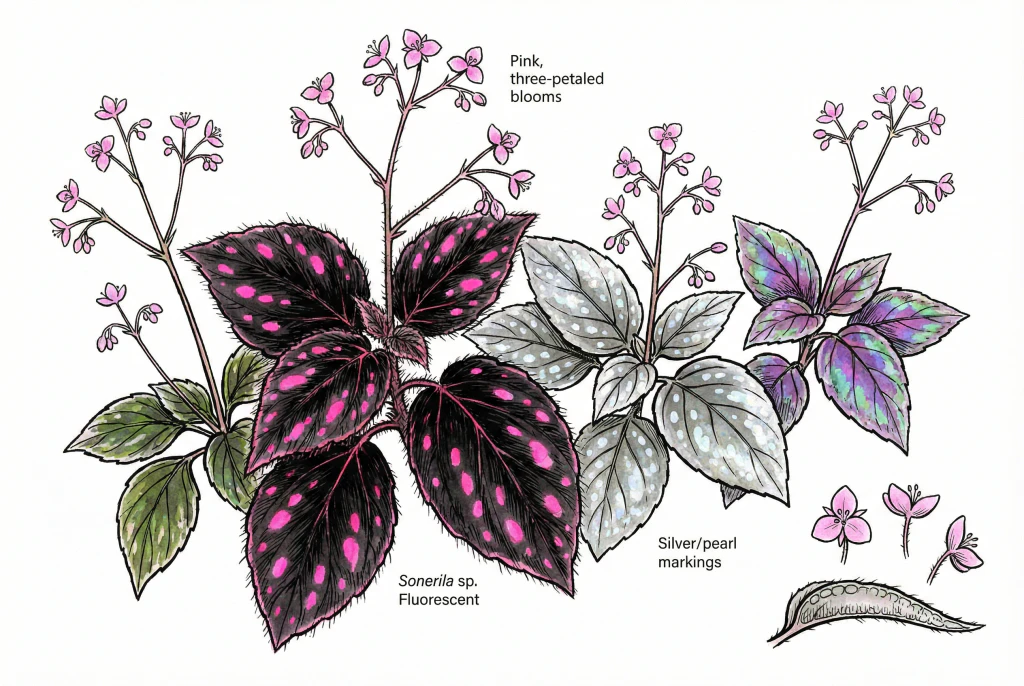 Illustration of Sonerila foliage with dark leaves, contrasting pink spots, and fine hairs.