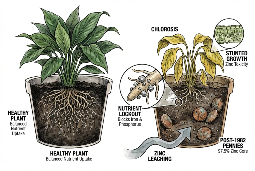Illustration of a modern penny's zinc core and how excess zinc could, under some conditions, leach into soil and contribute to nutrient imbalance.