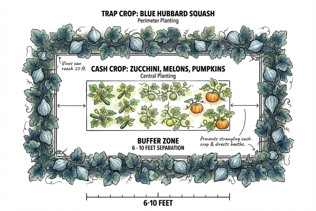 Diagram of a perimeter trap-crop layout: a border of Blue Hubbard around a central block of cash crop, with a labeled buffer between them.