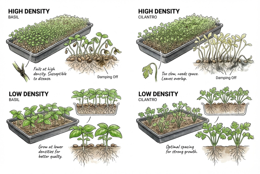 Illustration contrasting lower-density basil and cilantro with a denser Brassica planting