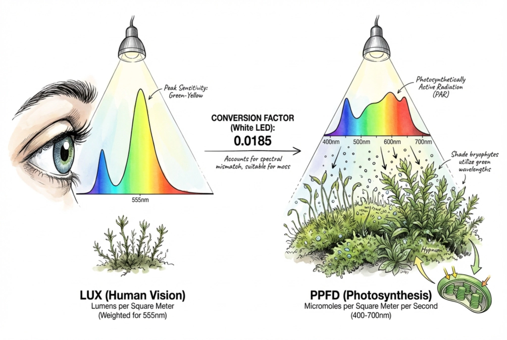 Diagram contrasting lux (human-vision weighted) with PPFD (photosynthetic photon flux)