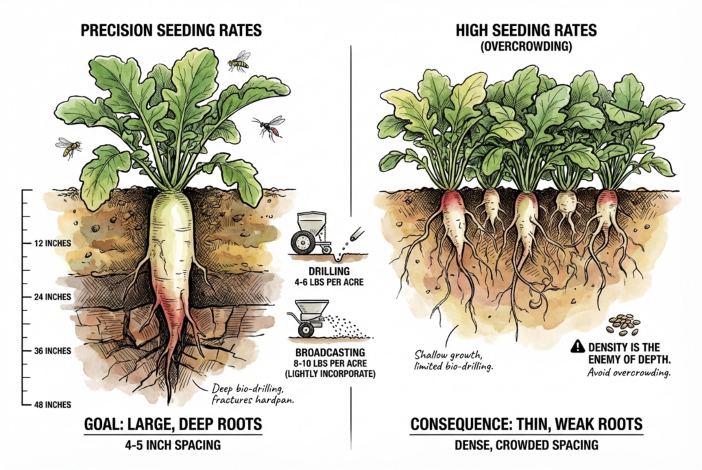 Illustration contrasting well-spaced radishes with large roots against crowded radishes with thin roots, next to a 48-inch depth scale.