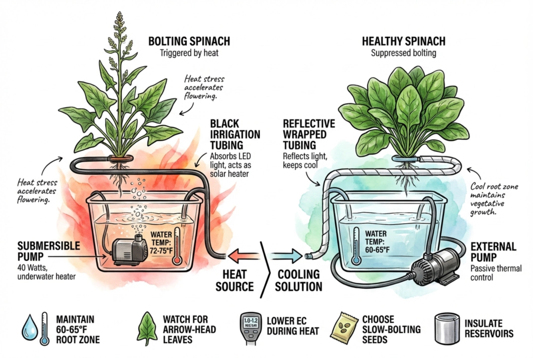 Illustration comparing a submersible pump inside the reservoir with an external inline pump and reflective tubing.