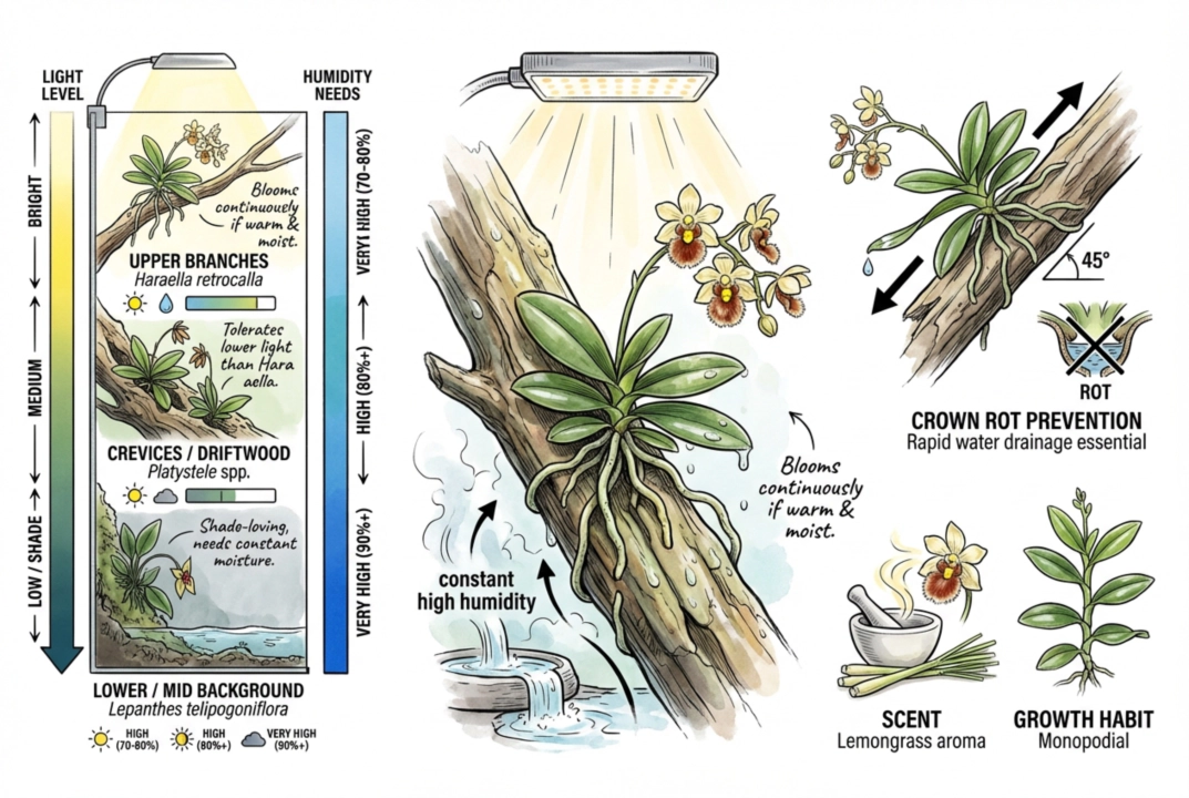 Illustration comparing vertical placement and humidity for the three orchid species, with Haraella near the top.