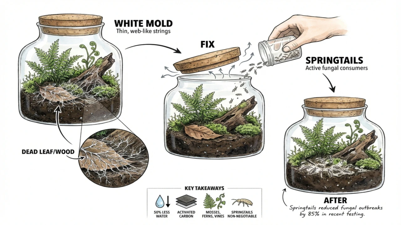 Before-and-after schematic illustration of springtails among white fungal growth in a terrarium