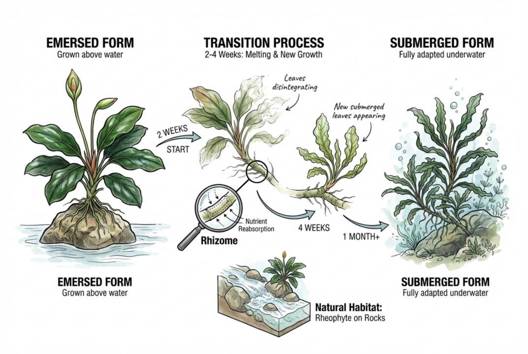 Illustration of a Bucephalandra losing old leaves and pushing new submerged leaves over several weeks